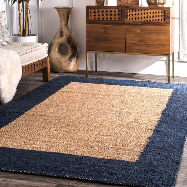 Hemp Area Rug Navy Blue Rug Bordered Rug Jute Area Rug Scandinavian Ru
