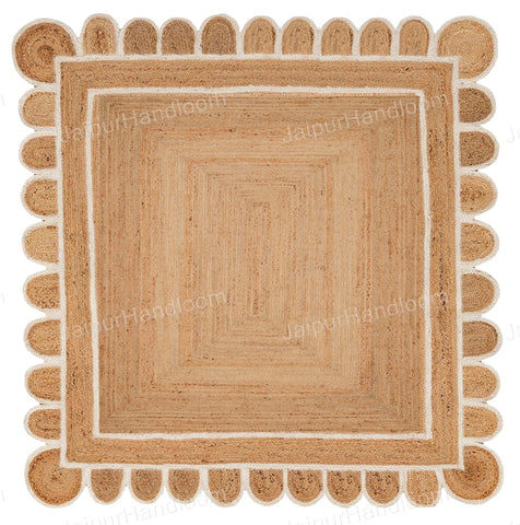 Scalloped Rug for Living Room 8'x8' | Scalloped Jute Carpet Rugs for Dining Room 6'x8'