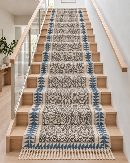 Block Printed Cotton Stair Runner Rug, Custom Size Stair Carpet Treads, Non Slip Stair Runner & Landing