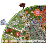 17" Green Patchwork Round Floor Pillow Cushion round embroidered Bohemian Patchwork floor cushion pouf Vintage Indian Foot Stool ottoman-Jaipur Handloom