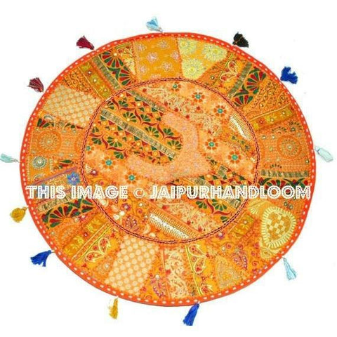 17" Indian Round Floor Cushions Pouffe Embroidered Patchwork Round Foot Stool Bean Bag