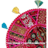 17" Patchwork Round Floor Pillow Cushion in Pink round embroidered Bohemian Patchwork floor cushion pouf Vintage Indian Foot Stool ottoman-Jaipur Handloom