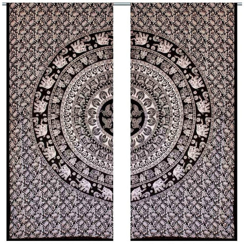 2 PC Window Decoration Curtain Elephant Mandala Tab Top Curtains Indian Tapestry-Jaipur Handloom