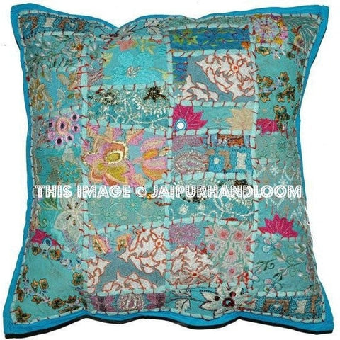 20" Large Blue Decorative Patchwork Throw Pillows for couch boho toss pillows-Jaipur Handloom