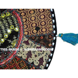 22" Patchwork Round Floor Pillow Cushion in Black round embroidered Bohemian Patchwork floor cushion pouf Vintage Indian Foot Stool Bean Bag-Jaipur Handloom