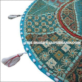 22" Patchwork Round Floor Pillow Cushion in sky blue round patchwork Bohemian floor cushion pouf Vintage Indian Foot Stool Bean Bag ottoman-Jaipur Handloom