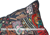 24" Black patchwork euro shams bohemian embroidered patio chair pillows-Jaipur Handloom