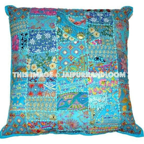 24" Blue Vintage patchwork Throw pillows for couch Indian Handmade Pillow covers-Jaipur Handloom