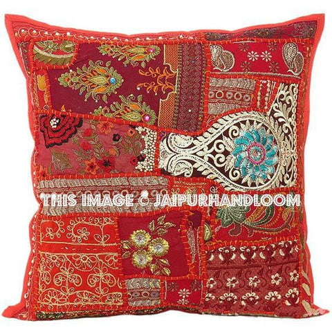 24" Red floor cushions handmade indian throw pillows for sofa couch-Jaipur Handloom