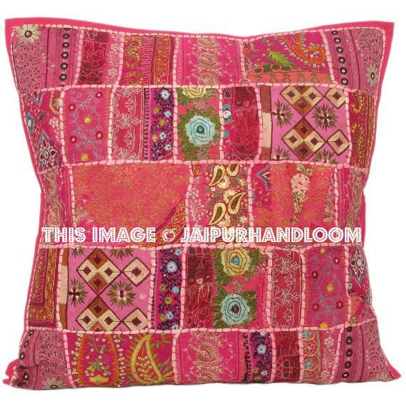 24 x 24 Pink Throw Sofa Pillows Indian Patchwork Floor Cushions Pouffe