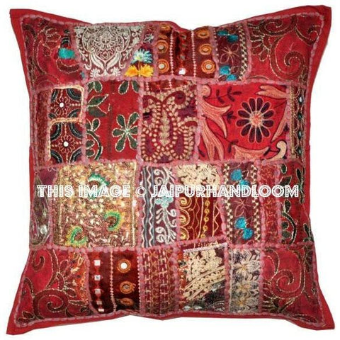 24 x 24 Red Throw Pillows for couch Indian Embroidered Cushion Covers-Jaipur Handloom