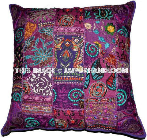 24X24 Purple decorative throw pillows indian patchwork sofa cushions-Jaipur Handloom