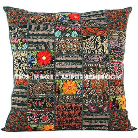 24x24 Black Embroidered Patio Cushions Dining Chair Pillows Sofa Cushions-Jaipur Handloom