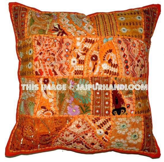 24x24 Orange Patchwork Pillow Cover Indian style outdoor cushions