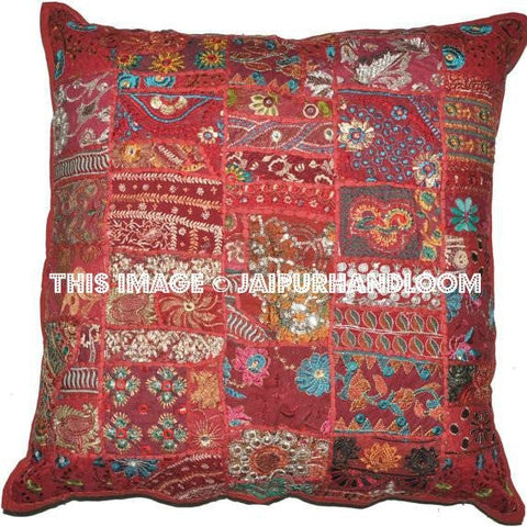 24x24" Red Patchwork Sofa Pillows Indian Embroidered Pillow cases on sale-Jaipur Handloom