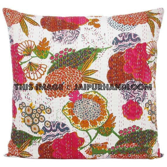 24x24 White Handmade Kantha Pillow, Kantha Decorative throw Pillow, ka