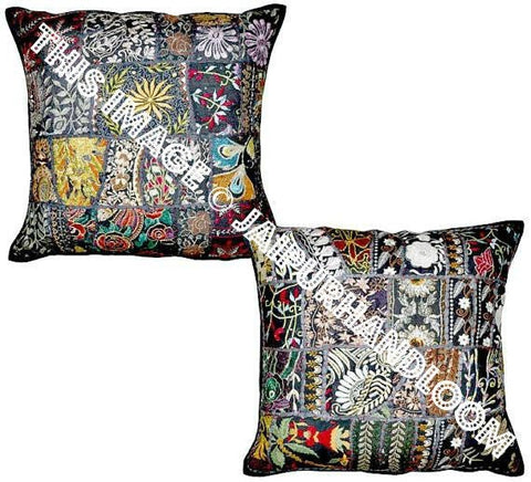 2pc Black Indian Patchwork Pillow Cover Black Embroidered Sofa Pillows-Jaipur Handloom