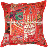 2pc Red Embroidered Outdoor Pillows Indian Patchwork Toss Pillows Patio Cushion-Jaipur Handloom