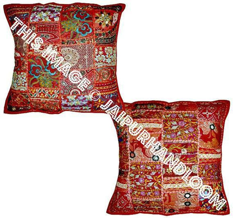 2pc Red Vintage Patchwork Sofa Throw Pillows Embroidered Bedroom Pillows