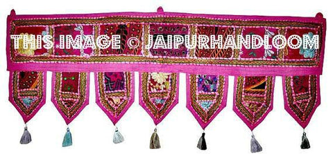 Handmade Indian Embroidered Toran Door Hanging – Vintage Patchwork Valance – Red Cotton Art Deco Wall Hanging – 40x44 Inch