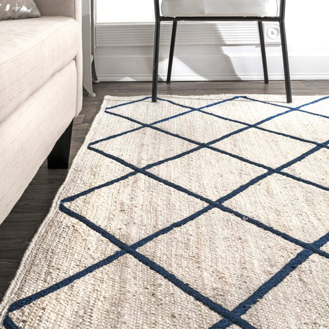 Off White Rug Jute 4X6, Handwoven Rug for Bedroom, Navy Blue Area Rug