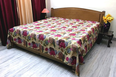 Beige Kantha Throw Queen Kantha Quilt Bed cover Quilted Bedspread-Jaipur Handloom