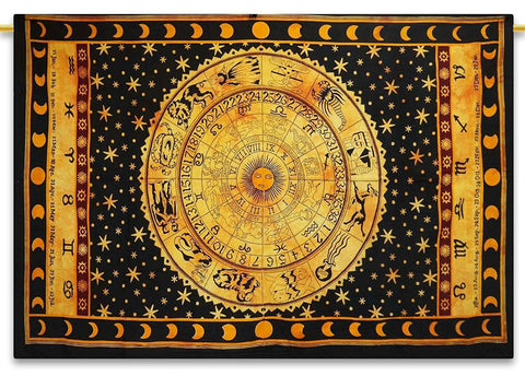 Black Zodiac Horoscope Tapestry Wall tapestry college tapestries hippie-Jaipur Handloom