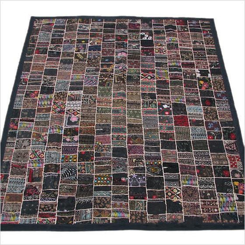 Black indian patchwork Bed cover Queen embroidered bedspread bedding-Jaipur Handloom