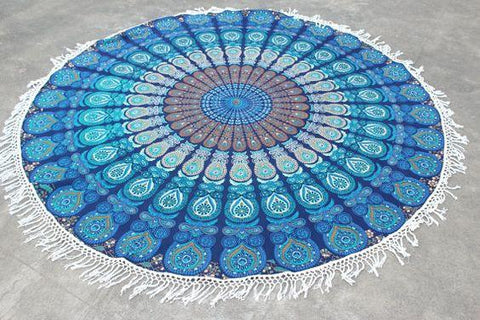 Blue Multi Colorful Bohemian Fringes Medallion Roundie Beach Throw-Jaipur Handloom