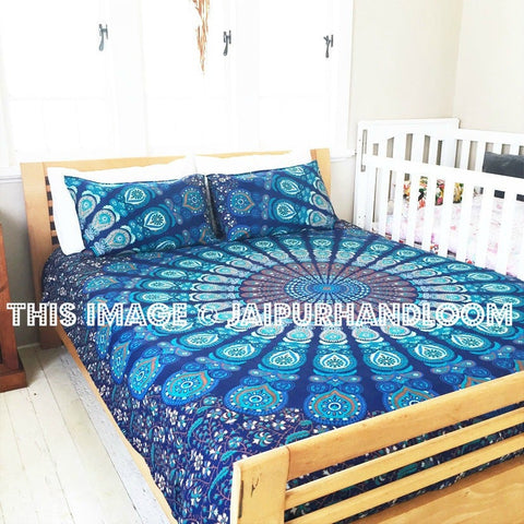 Blue Multi Reversible Peafowl Mandala Duvet Cover with Set of 2 Pillow Covers-Jaipur Handloom