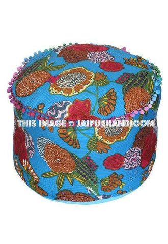 Blue Round Pouf Ottoman-Jaipur Handloom