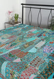 Blue indian embroidered quilt bohemian patchwork bed cover baby blanket-Jaipur Handloom