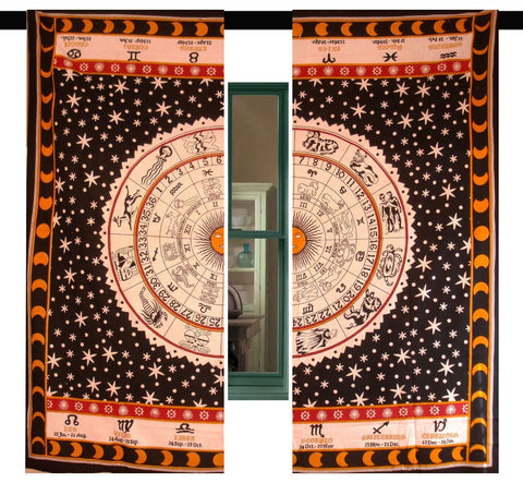 Boho Horoscope Curtain Set Indian Astrology Window Hanging Drapes-Jaipur Handloom