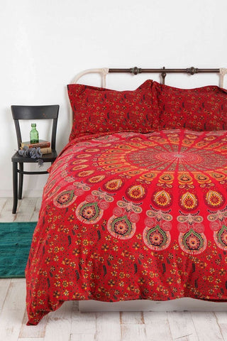 Boho Red Mandala Cotton Bed Cover with Matching Pillows-Jaipur Handloom