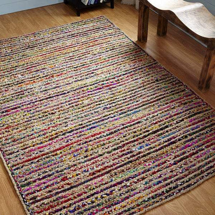 Braided Jute Area Rug 8'X10', Striped Design Rug, Cotton ARea Rug for Bedroom