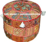 Burgundy Bohemian Vintage Patchwork Indian Pouf Round Ottoman-Jaipur Handloom