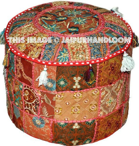 Burgundy Bohemian Vintage Patchwork Indian Pouf Round Ottoman-Jaipur Handloom