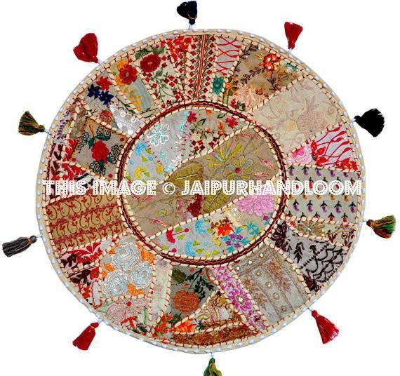 Christmas Gift XL 32" Round Floor Pillow floor Cushion in White gypsy Bohemian Patchwork floor cushion Vintage Indian Foot Stool Bean Bag-Jaipur Handloom