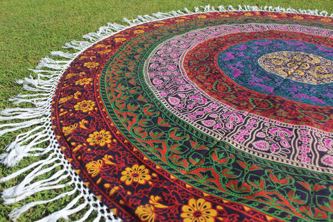 Colorful Purple Evershine Fringes Mandala Roundie Beach Throw-Jaipur Handloom