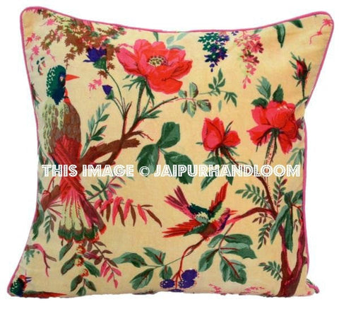 Cream Velvet Pillow In Bird Print, Velvet Pillow Cover, Decorative Throw Pillow, Cushion Cover, Indian Pillow Cover, Floor Pillow-Jaipur Handloom