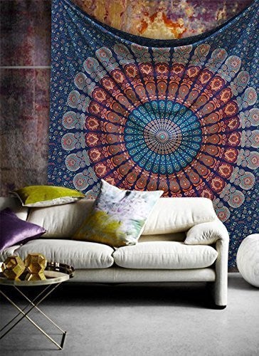 Blue Hippie Mandala Tapestry Bohemian Dorm Tapestry Bedroom summer