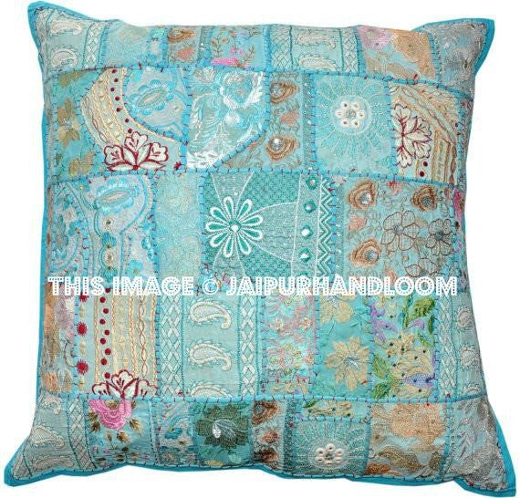 Extra Large Blue Patchwork Floor Cushions Indian Handmade sofa pillows