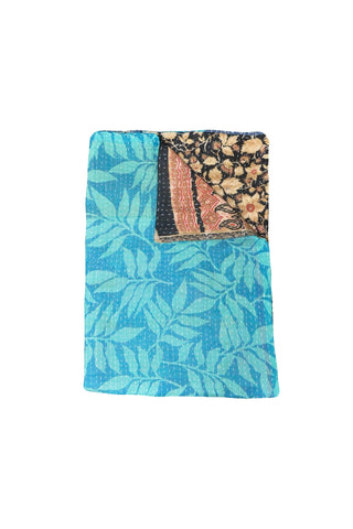 Turquoise blue floral vintage kantha throw blanket | Jaipur Handloom