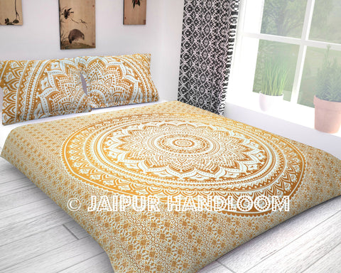 Golden brown 100% cotton mandala bedding set queen bed cover with pillows-Jaipur Handloom