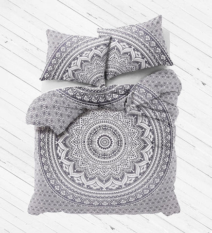 Gray Ombre Mandala Bedding Set Large Duvet Cover with Pillows - Amrita-Jaipur Handloom