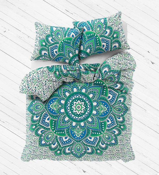 Green Floral Mandala Bedding set with matching pillows-Jaipur Handloom