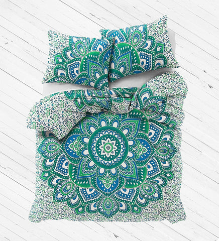 Green Floral Mandala Bedding set with matching pillows-Jaipur Handloom