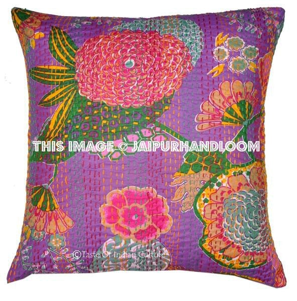 Indian Kantha Pillow Covers, Purple Kantha Cushions