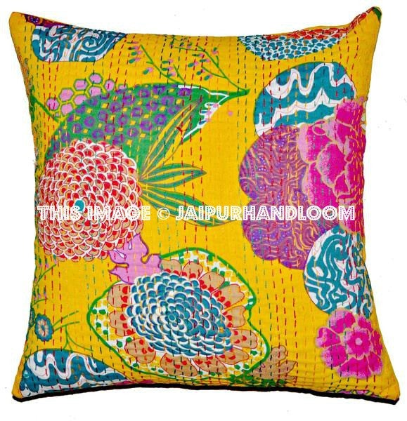 Indian Orange Kantha Pillow Cover, Kantha throw Pillow, kantha cushion