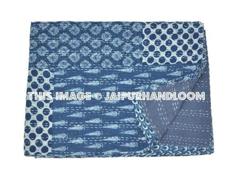 Indigo Patchwork Kantha Quilt Christmas Gift, Kantha Throw Blanket, Kantha Bedspread, Patchwork quilt, Kantha Blanket, Indian Sari Quilt-Jaipur Handloom